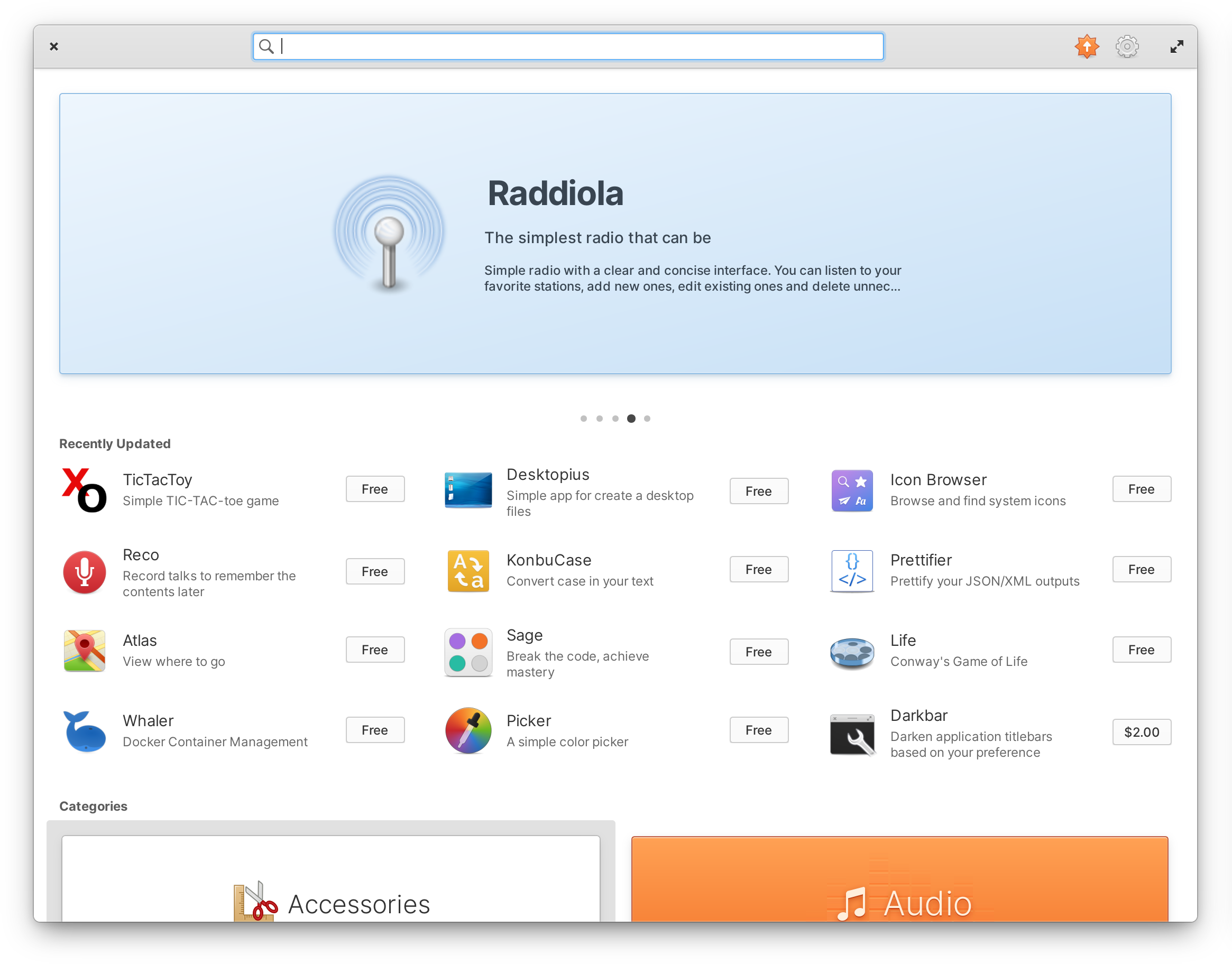 Páxina de inicio do Centro de aplicacións de elementary OS
